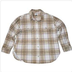 American Eagle fleece plaid button down shirt cream tan large
